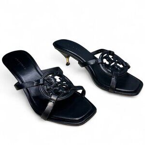 TORY BURCH Miller Bombé Embossed Logo Gold Kitten Heeled Sandal, Black, Size 6